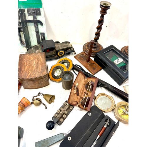 220 - Selection of collectables to include pair barley twist candle sticks, compass, binoculars, etc