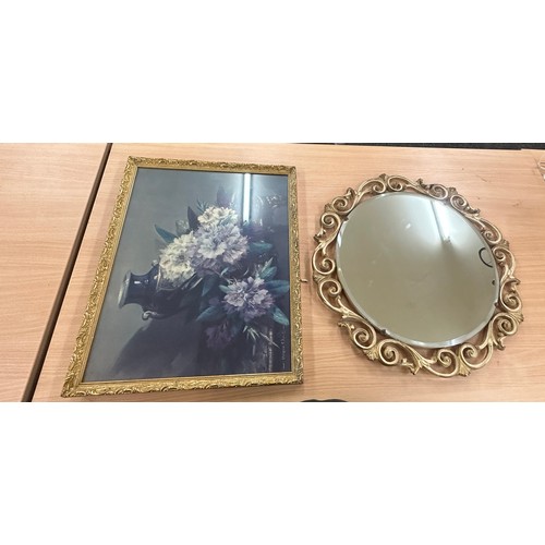 12 - Gilt framed print and a ornate framed mirror 23 inches by 18 inches