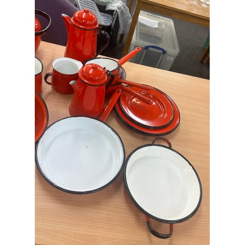 173 - Large selection of metal kitchenware includes jugs, plates etc