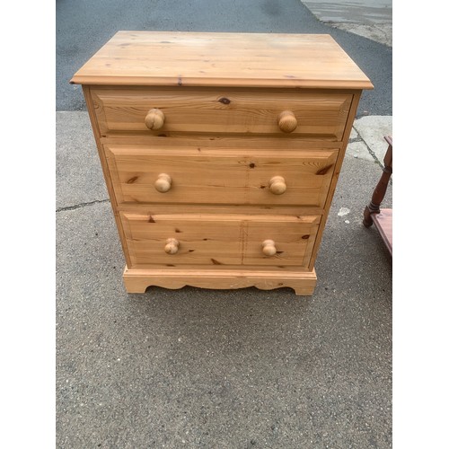 572 - Pine 3 drawer chest 33 inches tall 29 inches wide 18 inches depth