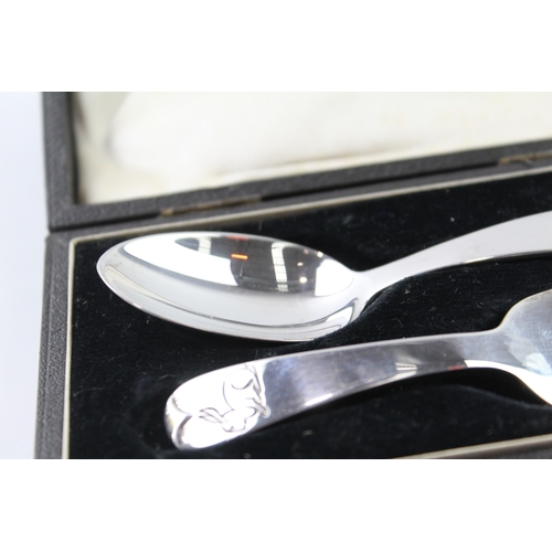 6 - 2 x .925 sterling silver christening set feeding spoon & fork cased