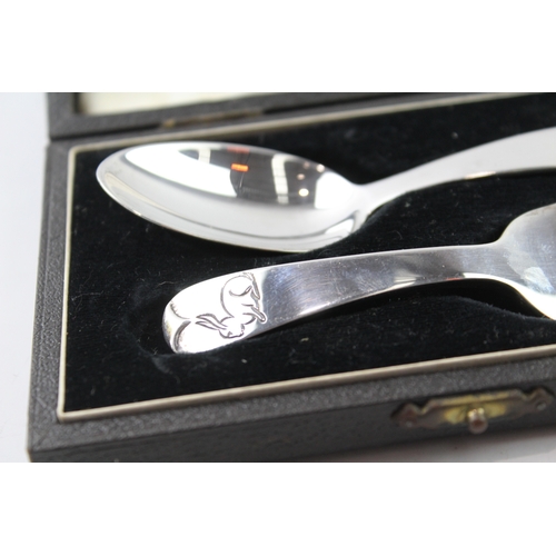 6 - 2 x .925 sterling silver christening set feeding spoon & fork cased