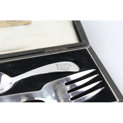 6 - 2 x .925 sterling silver christening set feeding spoon & fork cased