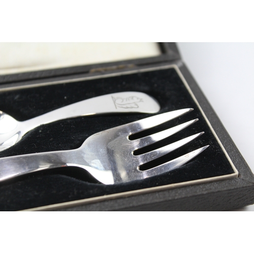 6 - 2 x .925 sterling silver christening set feeding spoon & fork cased