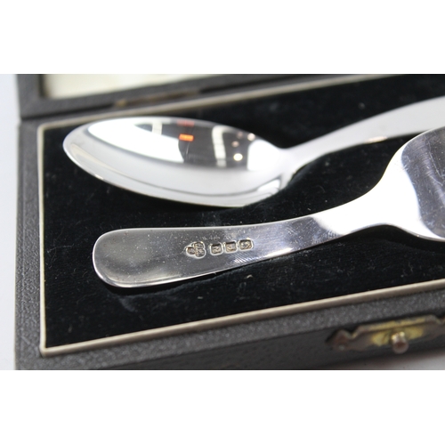 6 - 2 x .925 sterling silver christening set feeding spoon & fork cased