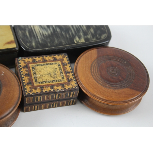 494 - Antique Trinket Boxes Inc Tunbridge Stamp Box, Horn, Wooden Etc