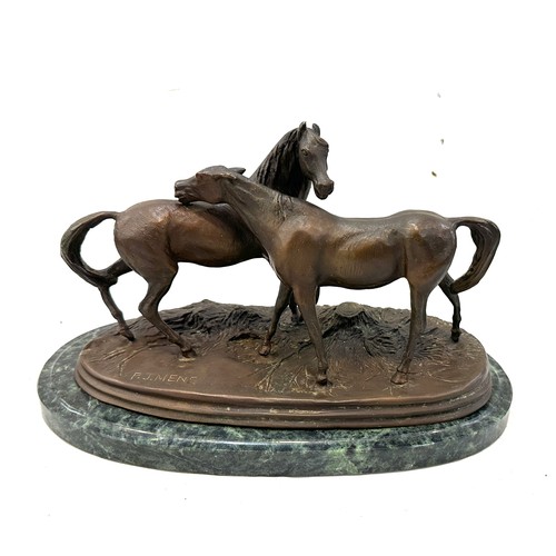 93 - Antique French Bronze Sculpture of two horses on a marble base signed P.J.Mene measures approximatel... 