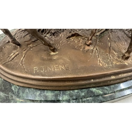 93 - Antique French Bronze Sculpture of two horses on a marble base signed P.J.Mene measures approximatel... 