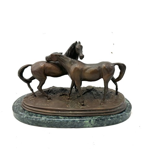 93 - Antique French Bronze Sculpture of two horses on a marble base signed P.J.Mene measures approximatel... 