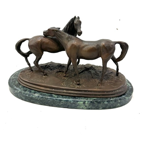 93 - Antique French Bronze Sculpture of two horses on a marble base signed P.J.Mene measures approximatel... 