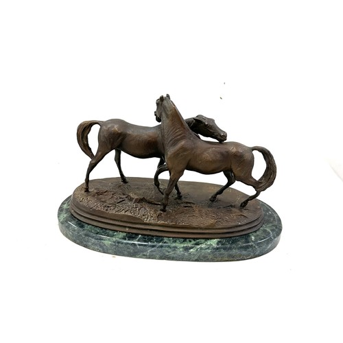 93 - Antique French Bronze Sculpture of two horses on a marble base signed P.J.Mene measures approximatel... 