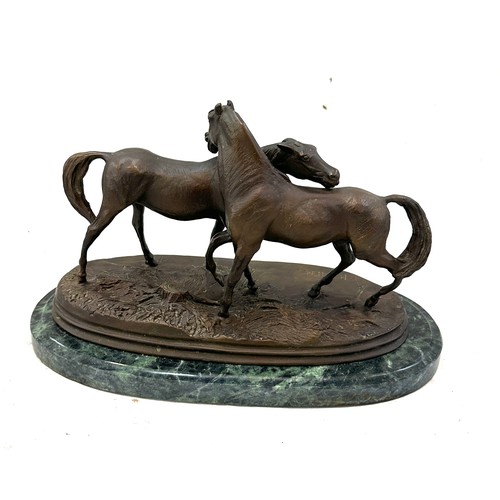 93 - Antique French Bronze Sculpture of two horses on a marble base signed P.J.Mene measures approximatel... 