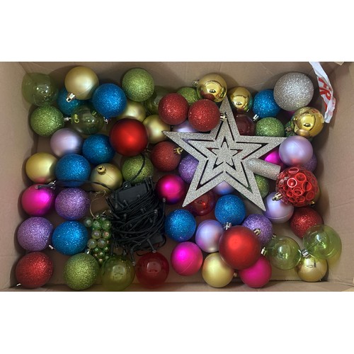 205 - Selection of Christmas decorations to include a pair of Reindeer figures, tinsel, baubles etc