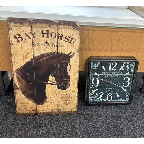 36 - Decorative ' Kensington Station' wall clock and a decorative ' Bay Horse' wall hanging piece largest... 