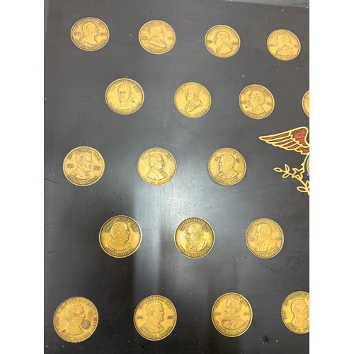 22 - Couroc Tray Presidential gold tone coins - George Washington to Richard M Nixon, has been repaired t... 