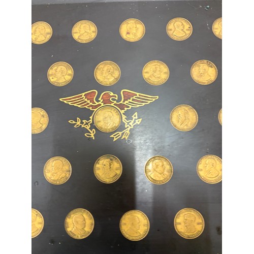 22 - Couroc Tray Presidential gold tone coins - George Washington to Richard M Nixon, has been repaired t... 