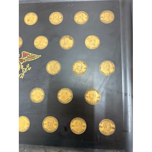 22 - Couroc Tray Presidential gold tone coins - George Washington to Richard M Nixon, has been repaired t... 