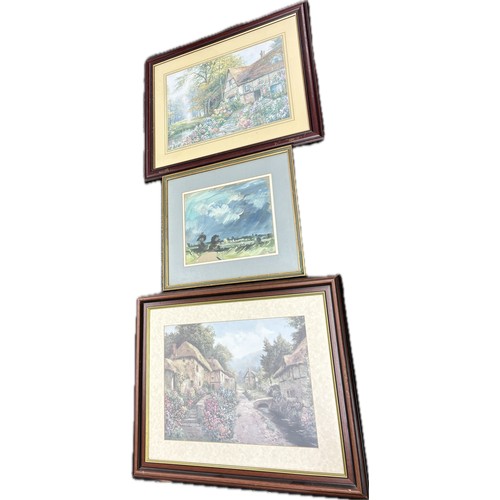 107 - 2 framed prints, framed signed painting, largest frame measures approximately 19 x 23 inches