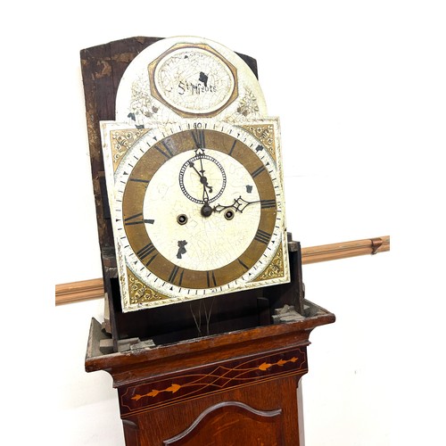 573 - Antique Grandfather clock, with weights and pendulum, untested, overall height 88 inches