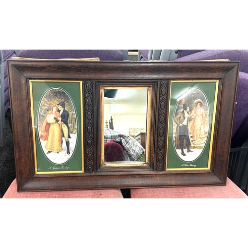 122 - Oak over mantle mirror with pictures either side, measures approximately Width 33 inches, Height 20 ... 