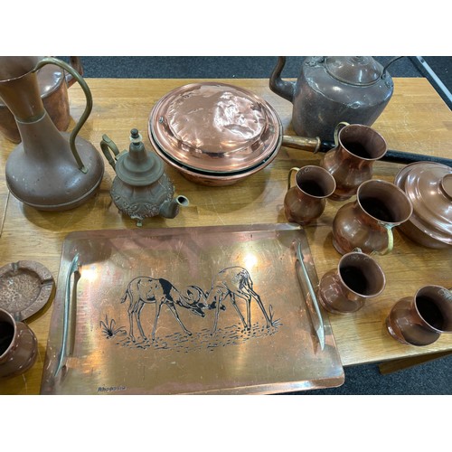 247 - Large selection of assorted copper ware includes jugs, tea pots etc