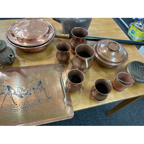 247 - Large selection of assorted copper ware includes jugs, tea pots etc