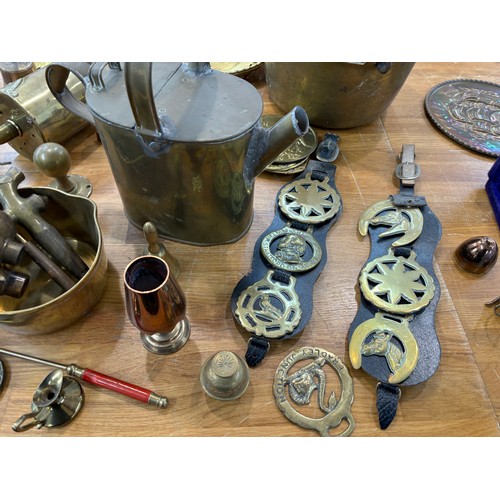 241 - Selection of assorted brassware includes tea pots, horse brasses etc