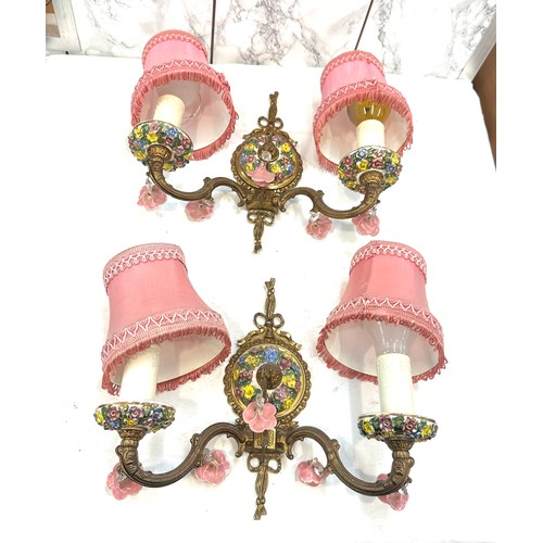 524 - Two vintage matching porcelain wall hanging lights with pink shades