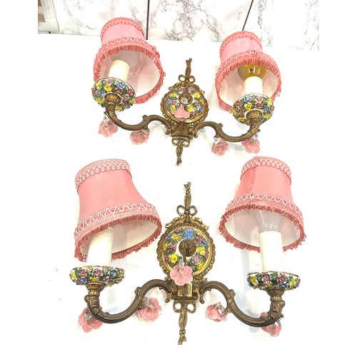 524 - Two vintage matching porcelain wall hanging lights with pink shades