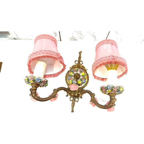 524 - Two vintage matching porcelain wall hanging lights with pink shades