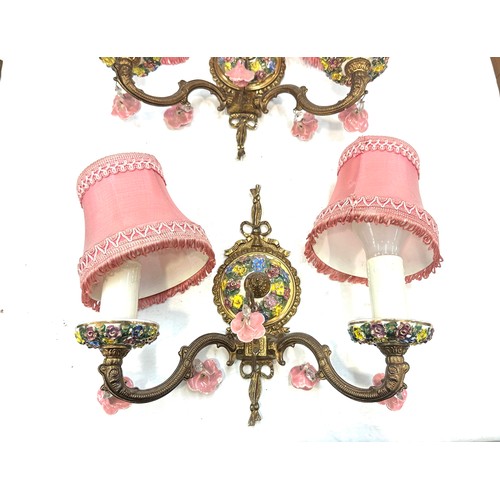 524 - Two vintage matching porcelain wall hanging lights with pink shades