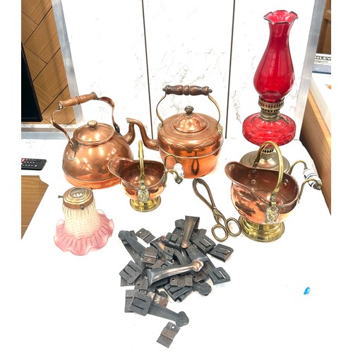 220 - Selection of vintage copper items and glass oil lamp and vintage Mono attachments