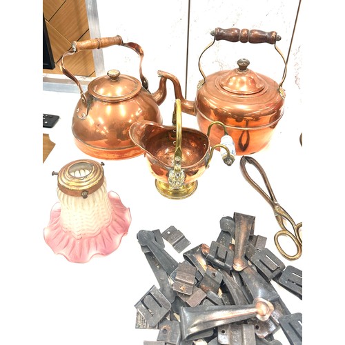 220 - Selection of vintage copper items and glass oil lamp and vintage Mono attachments