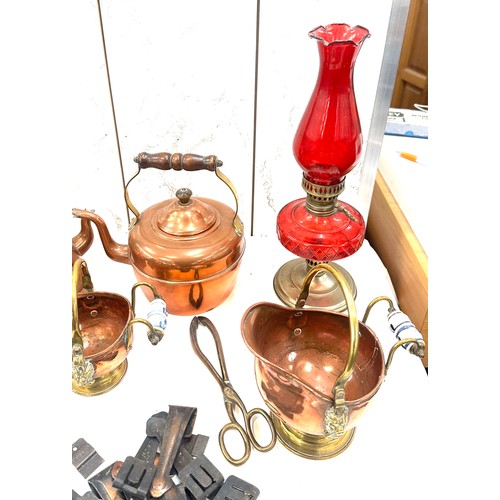 220 - Selection of vintage copper items and glass oil lamp and vintage Mono attachments