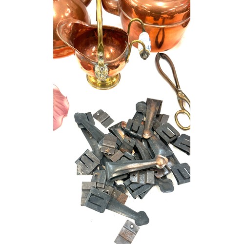 220 - Selection of vintage copper items and glass oil lamp and vintage Mono attachments