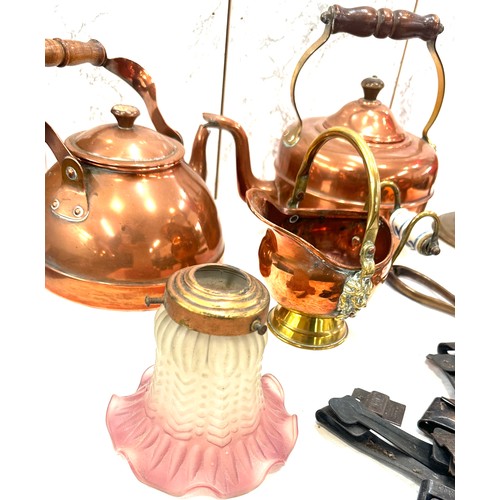 220 - Selection of vintage copper items and glass oil lamp and vintage Mono attachments