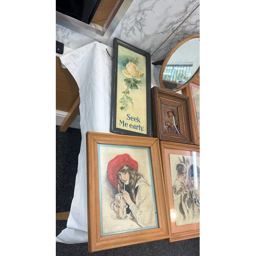 146 - Selection of vintage wooden framed prints and pictures some signed and a wooden oval mirror