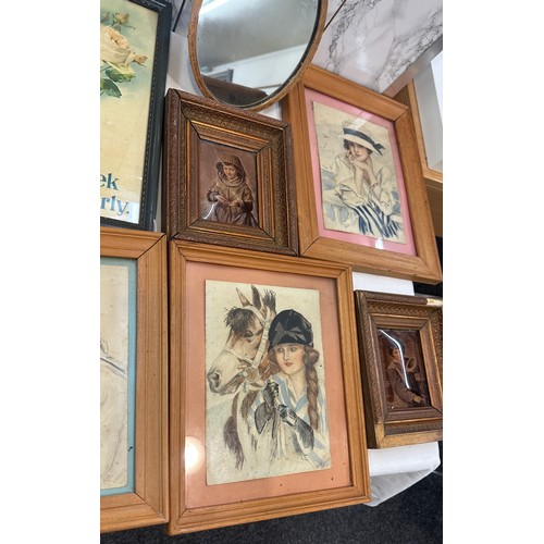 146 - Selection of vintage wooden framed prints and pictures some signed and a wooden oval mirror