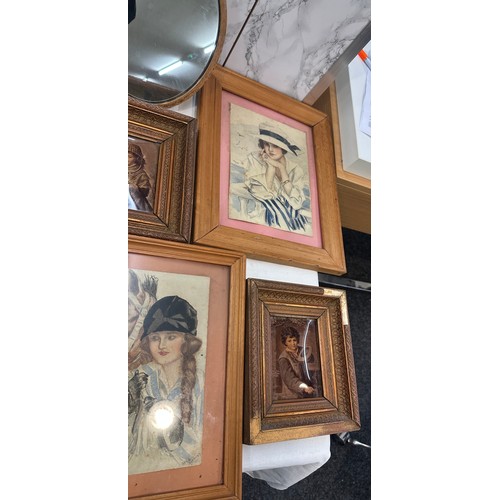 146 - Selection of vintage wooden framed prints and pictures some signed and a wooden oval mirror