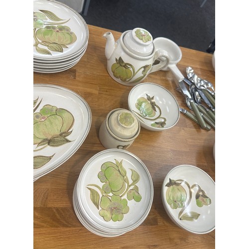 142 - Large part Denby ware dinner service to include plates, cups, lidded tureen etc