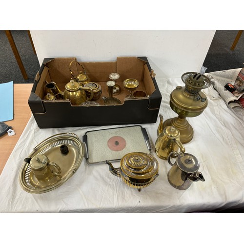 132 - Large selection of assorted brass ware includes oil lamp etc