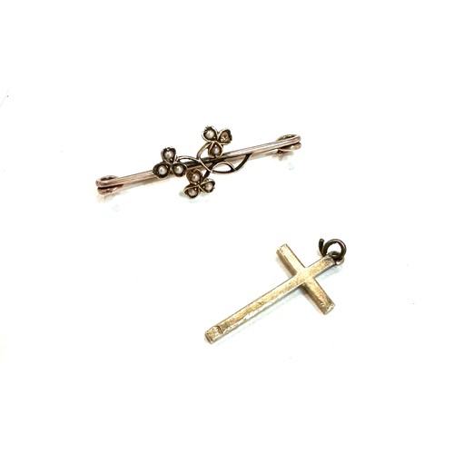 473 - 9ct gold stone set bar brooch and a 9ct cross pendant approx weight 3.8 grams