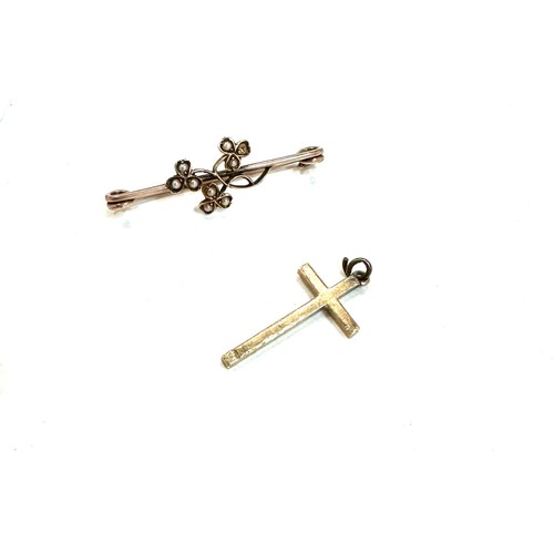 473 - 9ct gold stone set bar brooch and a 9ct cross pendant approx weight 3.8 grams