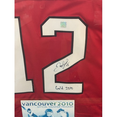 156 - Framed signed Jarome Iginla Vancouver 2010 autographed official jersey, programme and pucks achievin... 