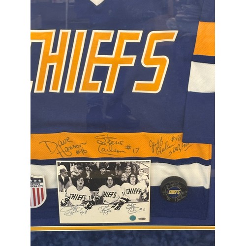 232 - Framed signed Charlestown Chiefs autographed official jersey, photo and puck all within a wall hangi... 