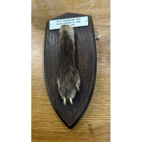 459 - Vintage F.W Bartlett fox paw taxidermy on a wall mounted plaque stating this piece was from the ' So... 