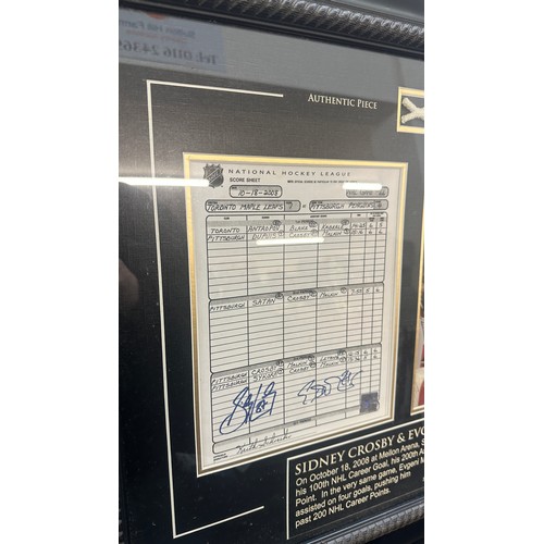 61 - Sidney Crosby and Evgeni Malkin signed Hockey league sheet, together with an authentic piece of game... 