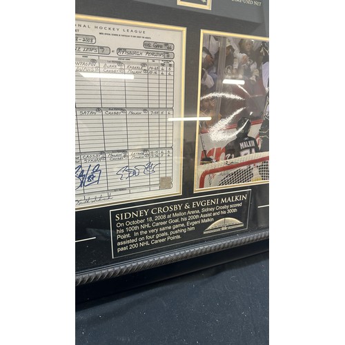 61 - Sidney Crosby and Evgeni Malkin signed Hockey league sheet, together with an authentic piece of game... 