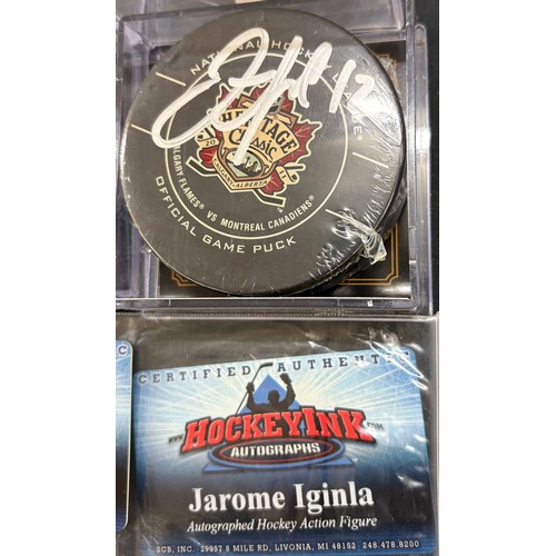 533 - 2011 heritage classic hockey puck signed by Jarome Iglina, Mark Giordano, Rene Bourque with HockeyIn... 