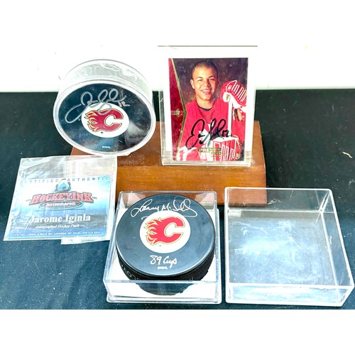 532 - Lenny MCDonald Calgary Flames signed, autographed 89 Cup puck, Jarome Iglina signed puck, players ca... 